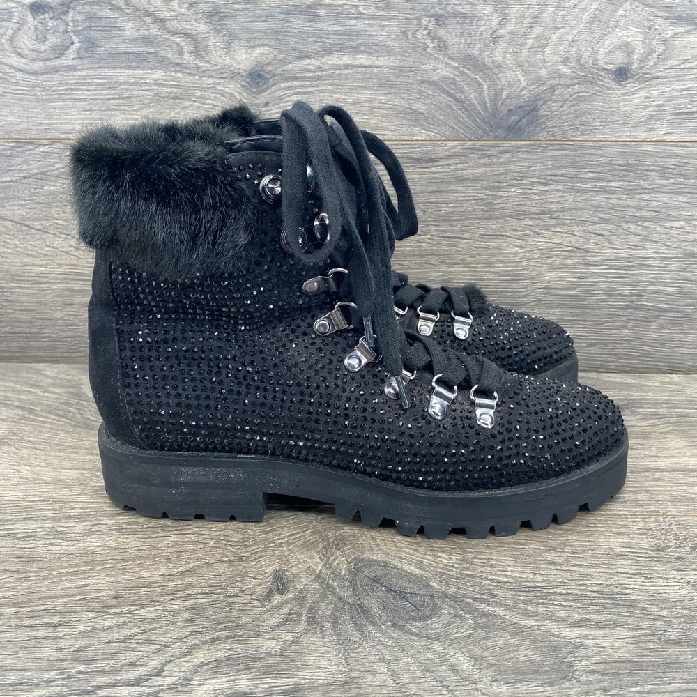 Express Faux Fur Embellished Lace Up Ankle Boots Women's Size 7 Black‎
